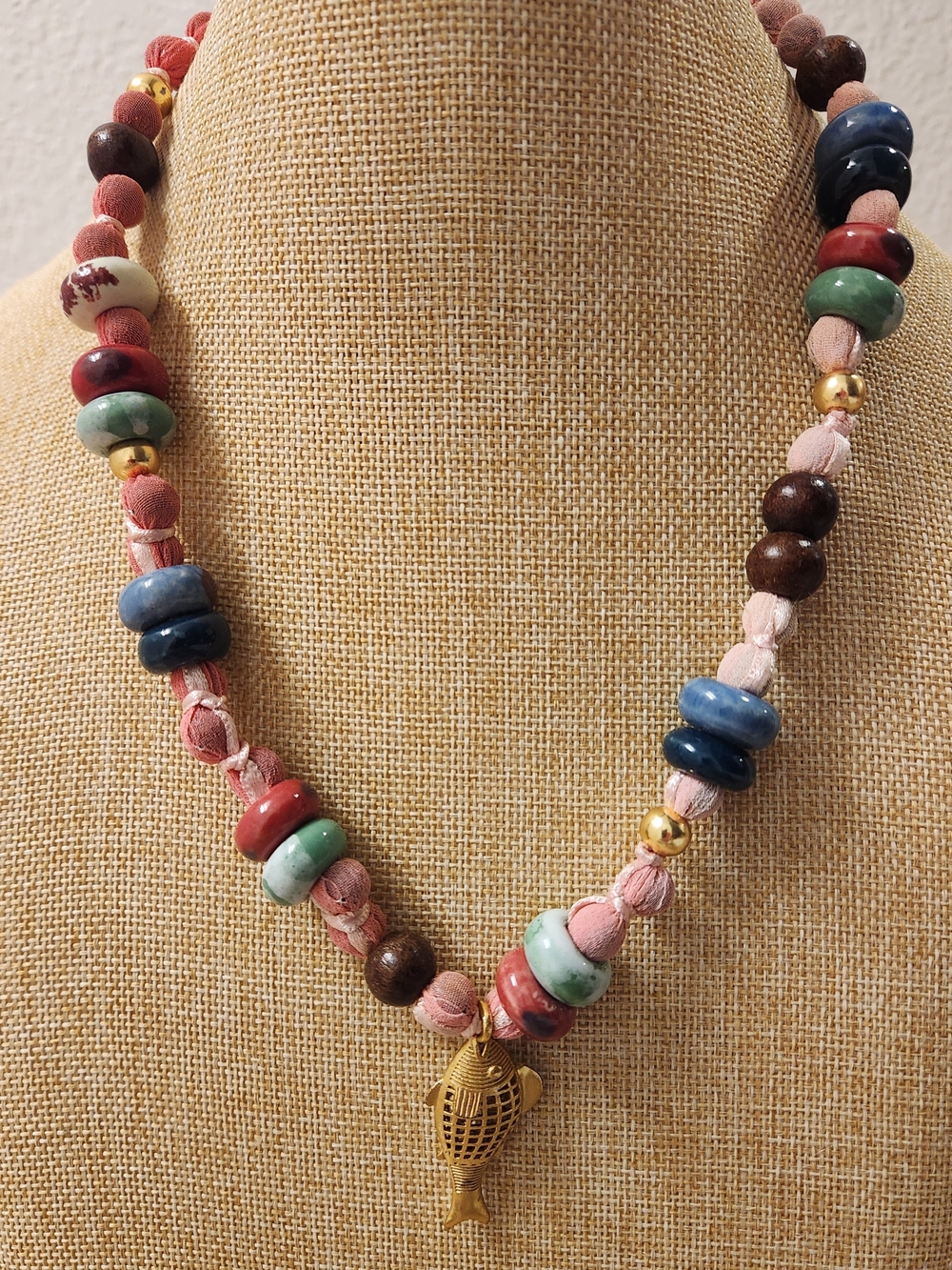 ZARA Pink Multi Color Beaded Fish Charm Necklace